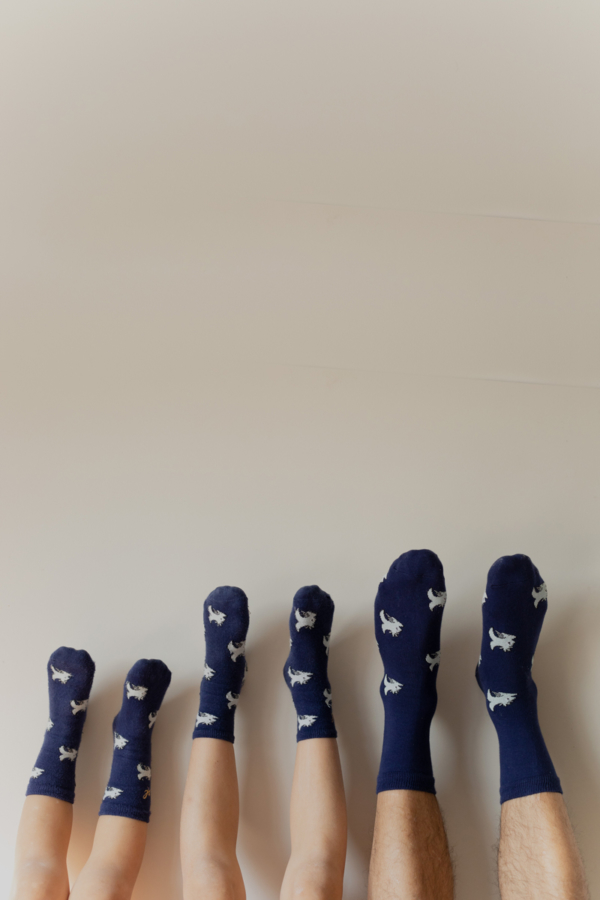 pieds contre un mur avec chaussettes bleues imprimées